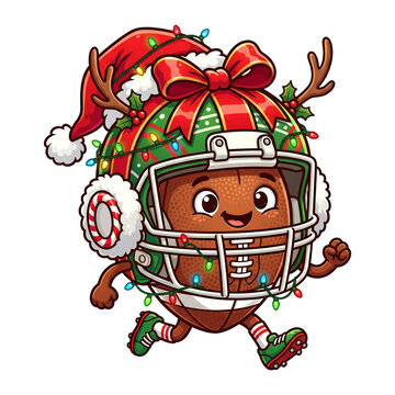 Funny cartoon American football character dressed for Christmas with a helmet and lights transparent background