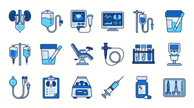 Set of blue urology and nephrology medical icons for healthcare and clinical diagnostic procedures.