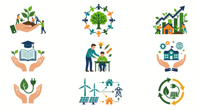 Set of flat vector icons representing sustainability education environment and green energy concepts.