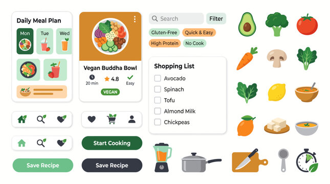 Mobile application interface design for a healthy vegan meal planning and cooking recipe app.