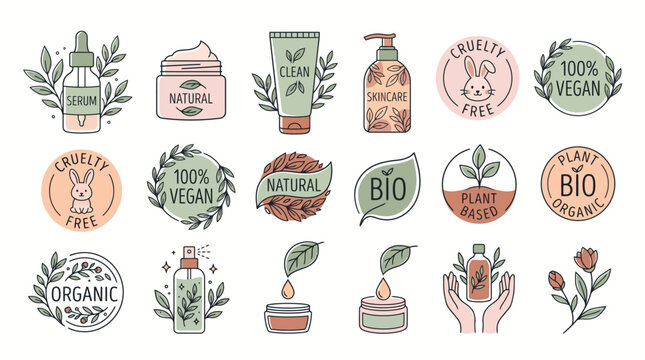 Set of hand drawn organic skincare and beauty product icons and labels.