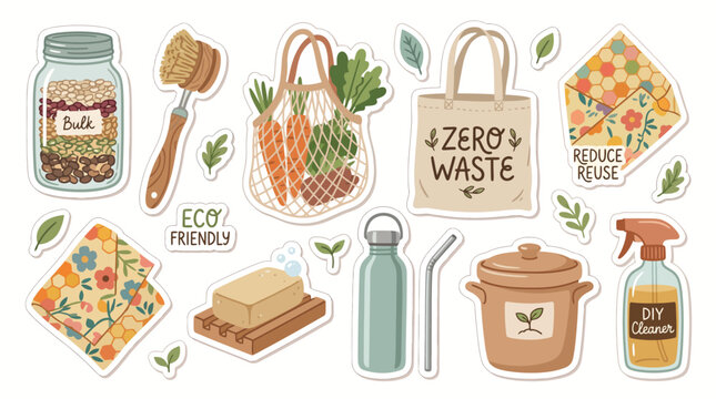 Set of hand drawn zero waste lifestyle elements and eco friendly products for sustainable living.