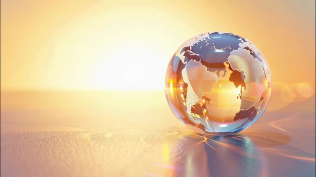 Transparent crystal Earth globe glowing in sunset warm light render