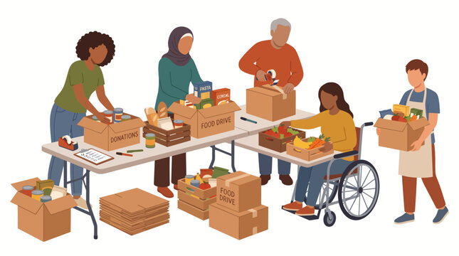 Diverse group of volunteers packing food donations in cardboard boxes for charity.