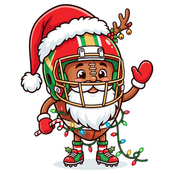 Cute cartoon football wearing santa hat and helmet transparent background