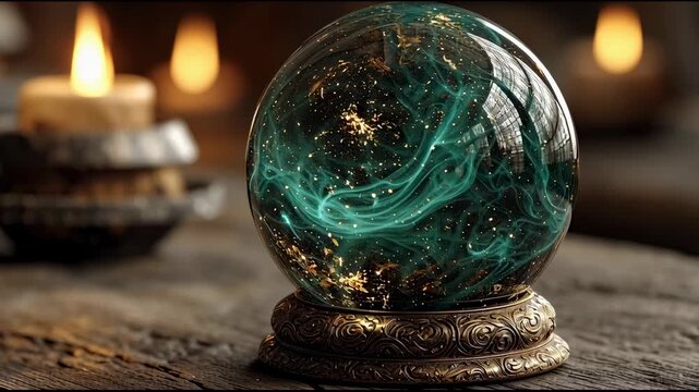 Mystical green scrying sphere on ornamental stand with warm candlelight
