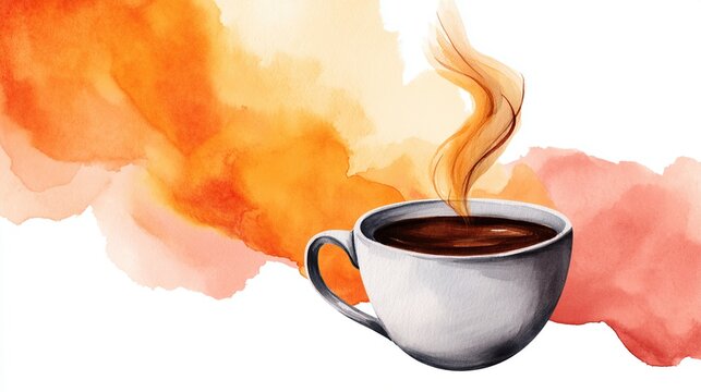 A steaming cup of hot coffee with a warm watercolor background in shades of orange and red.