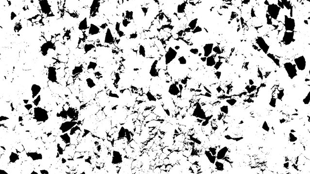 Black and White Terrazzo Stone Texture with Scattered Gray Fragments, Irregular Chips, Rough Aggregate Surface and Contemporary Pattern. Monochrome Terrazzo Background with Black Gray Stone Chips.