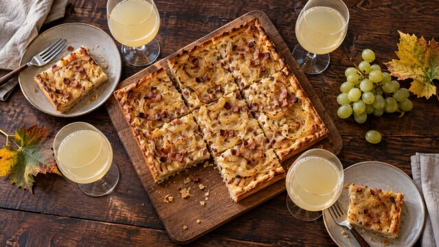 Traditioneller Zwiebelkuchen mit deutschem Federwei&szlig;en, hellen Weintrauben und buntem Weinlaub als herbstliche Draufsicht auf einem rustikalen Holztisch.