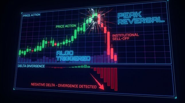 Financial trading chart showing a peak reversal and institutional selloff