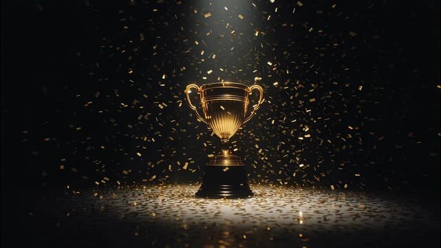Glowing golden trophy cup centered on dark stage with gold confetti