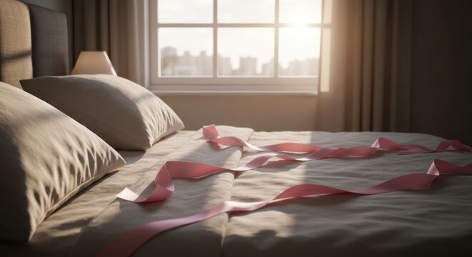 Sunlit bedroom, unmade bed with pink ribbon casually draped across it, city view from window