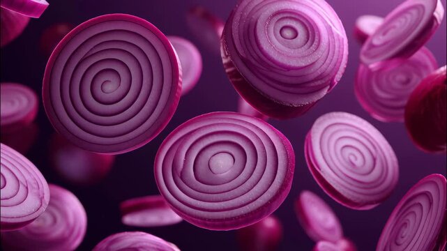 Dynamic macro shot of purple onion slices suspended on dark background
