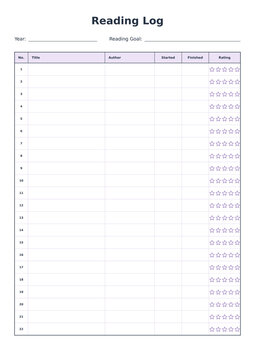 Reading log printable with book title, author, dates and star rating isolated on transparent background