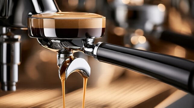 Close-up of espresso extraction from a coffee machine into a portafilter.