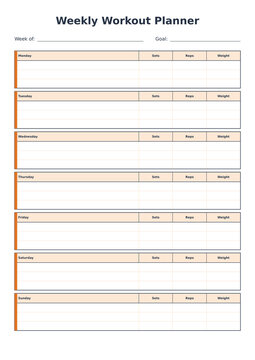 Weekly workout planner printable with exercises, sets, reps and weight for each day isolated on transparent background