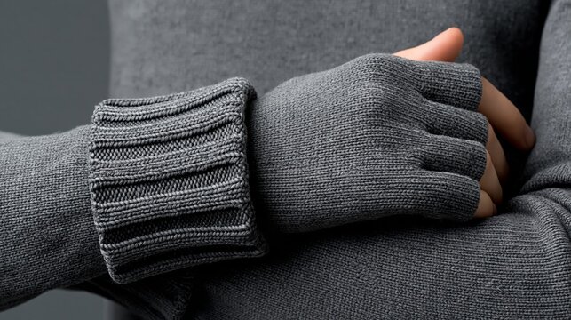 Close-up of hands wearing stylish, knitted gray fingerless gloves.
