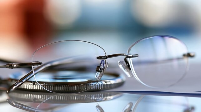 Close-up of stylish glasses resting on a reflective surface, showcasing modern design.