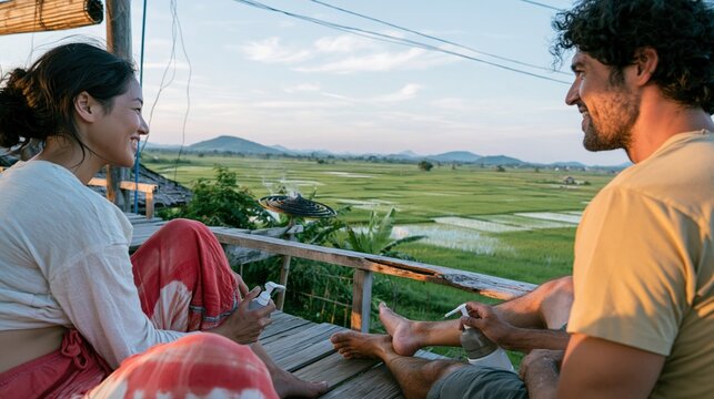 Couple applying mosquito repellent on a weathered teak veranda overlooking green rice paddies at sunset, for travel health and tour operators