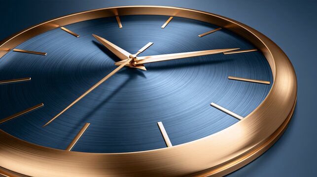Close-up view of a modern, elegant clock with a blue background and bronze accents.