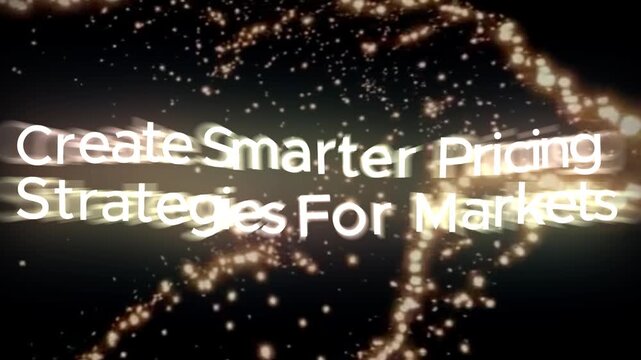 Pricing strategy text animation moving through a glowing field of golden particles and bokeh lights to illustrate market economics, value proposition development, and commercial product positioning.