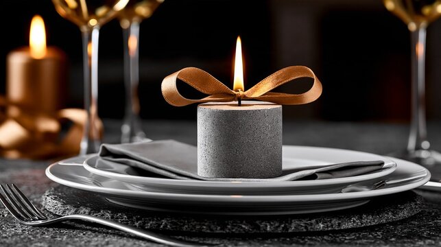 Elegant candle centerpiece on a stylish dining table setting, perfect for special occasions.
