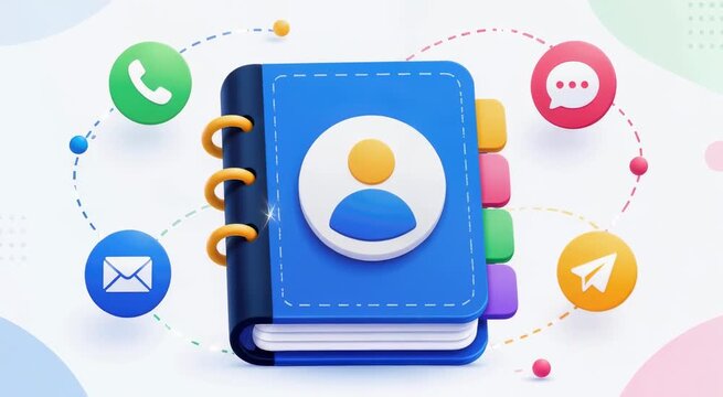 3D contact book with user avatar and colorful communication icons representing phone, email, chat and messaging