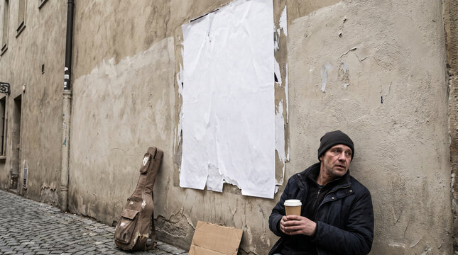 Street musician sitting by a textured wall with a blank crumpled white poster mockup and an old guitar case