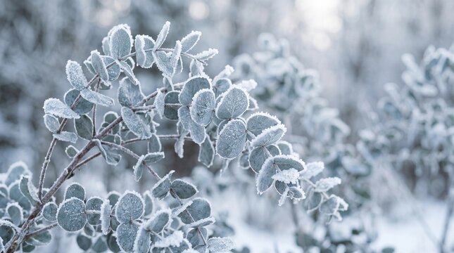 Close-up of eucalyptus branches covered in white frost on a cold winter day