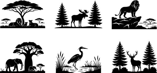 Fototapeta premium Set of wild animals and nature landscapes, black silhouettes