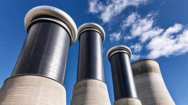 Modern power plant cooling towers against a clear blue sky showcasing industrial design.