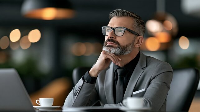 Pensive businessman reflecting on ideas, working in a modern office setting.
