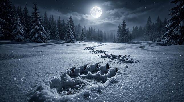 Large animal paw prints in deep snow leading into misty pine forest under full moon at night with copy space