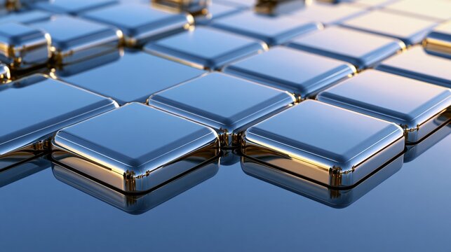 Shiny metallic squares arranged in a grid pattern with reflections on a smooth surface.