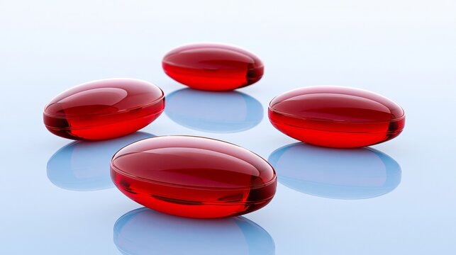Shiny red capsules arranged artfully on a reflective surface, symbolizing wellness.