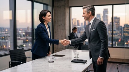 Naklejka na ściany i meble Successful business partners shake hands in a modern office with city skyline view at sunset