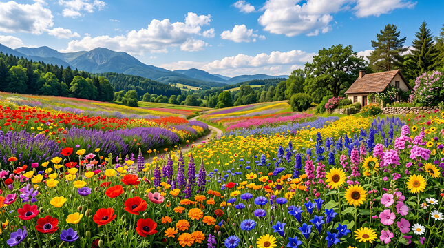 Vibrant and colorful spring flower field landscape with mountains and cottage, perfect for printer color test calibration.