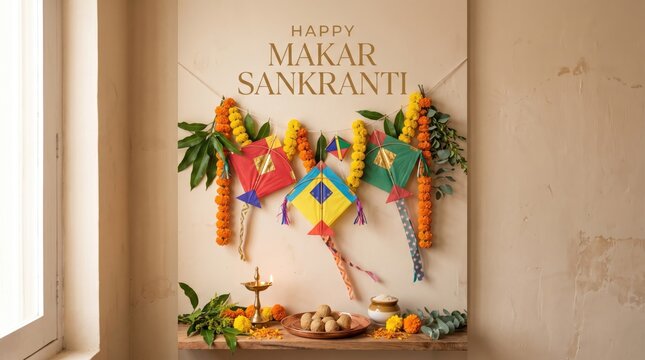 Makar Sankranti wall decoration featuring colorful kites and fresh flower garlands on a rustic wooden shelf.