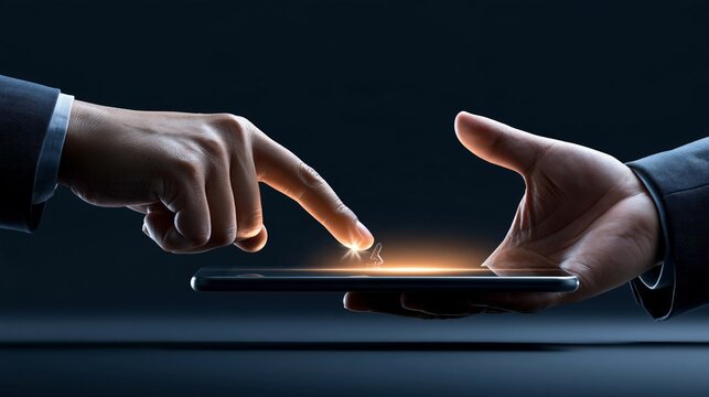 Two hands reaching towards a glowing tablet screen, symbolizing technology and connection.