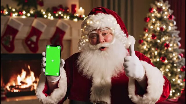 white Santa holding smartphone by tree with festive lights, warm fireplace and stockings, tapping app and smiling, thumbs up for holiday messages, green screen visible on phone