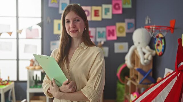 Woman teacher holding green clipboard with hands clasped, smiling in classroom near alphabet wall and plush octopus toy; welcoming care guidance.