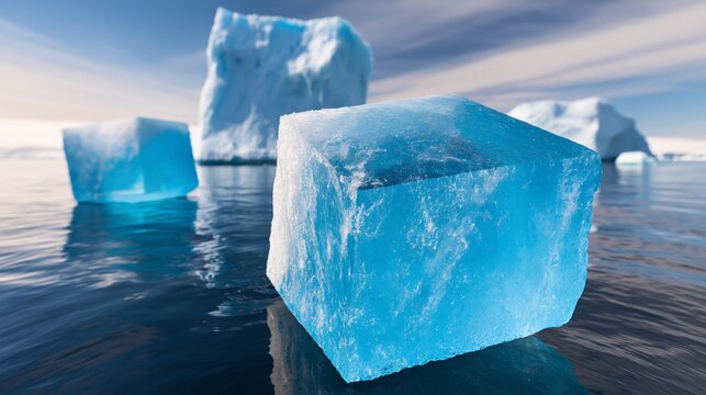 Vibrant blue icebergs floating in calm ocean waters under a clear sky.