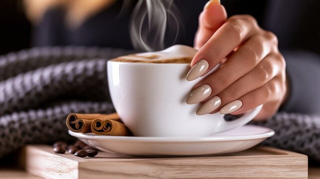 Warm coffee cup held by manicured hand with steam rising, cozy atmosphere.