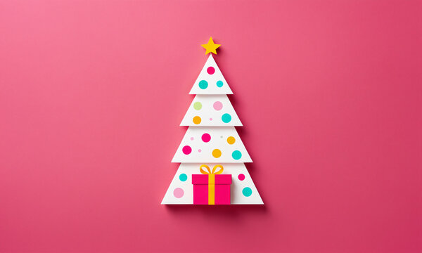 white layered christmas tree with colorful polka dots yellow star and pink gift box on solid pink surface