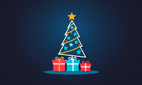 blue christmas tree with cyan stars yellow star and three gift boxes on dark blue surface