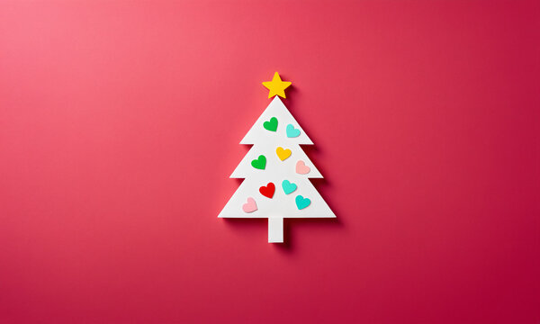 white christmas tree with multicolored heart ornaments yellow star and trunk on solid pink red surface