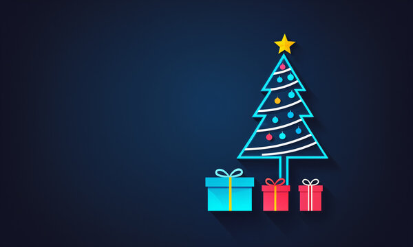 cyan outlined christmas tree with colorful baubles yellow star and three gift boxes on dark blue surface