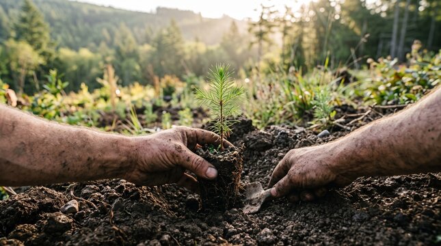 Hands planting a small pine tree seedling in fertile soil with a forest background at sunset