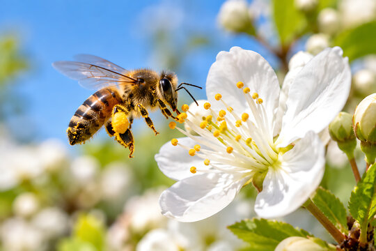 Honey Bee Collecting Pollen from White Flower in Spring Garden