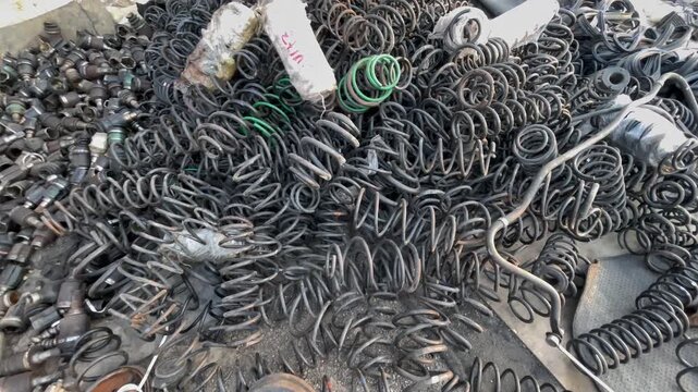 Used Car Suspension Springs and Automotive Spare Parts in a Scrap Market, automobile recycling, vehicle maintenance, and the used automotive parts industry